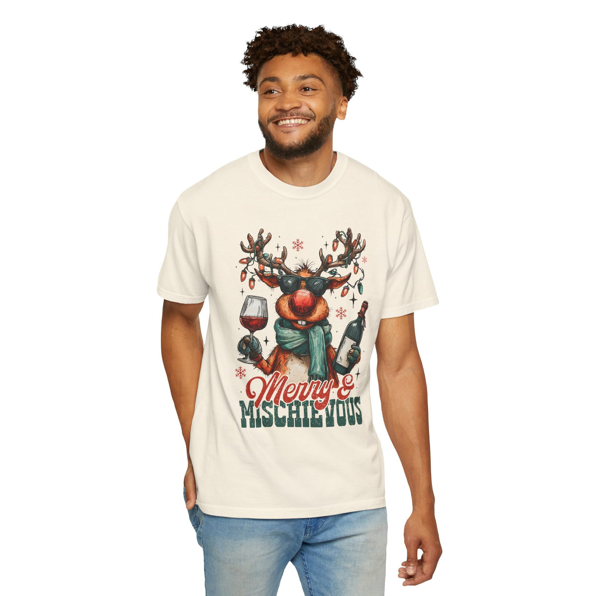 Merry & Mischievous Reindeer - Comfort Colors | Trendy Women's and Men's T-Shirt. Direct to Garment. Printed & Shipped in the USA. Unisex Sizes.