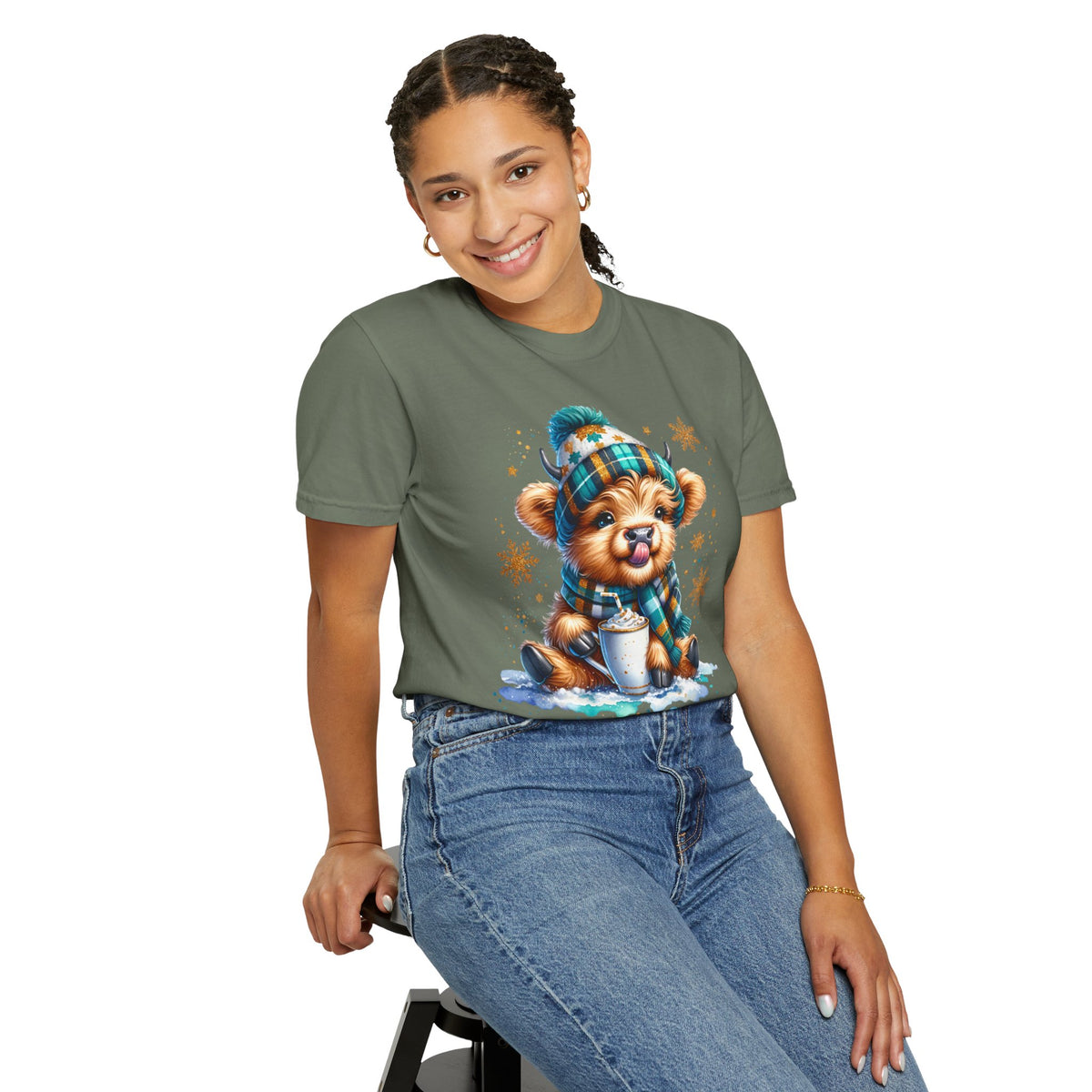 Winter Baby Highland Cow with Cocoa  - Comfort Colors | Trendy Women's T-Shirt. Direct to Garment. Printed & Shipped in the USA. Unisex Sizes.