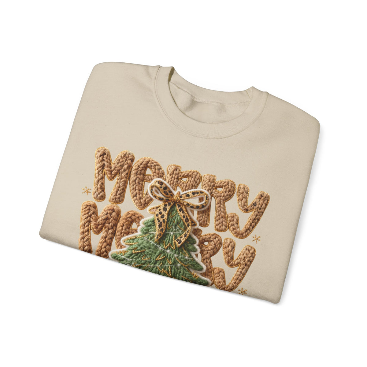 Merry Merry Merry Christmas, Faux Latch Hook Yarn – Gildan Heavy Blend | Trendy Women’s Soft Sweatshirt. Direct to Garment. Printed & Shipped in the USA. Unisex Sizes.