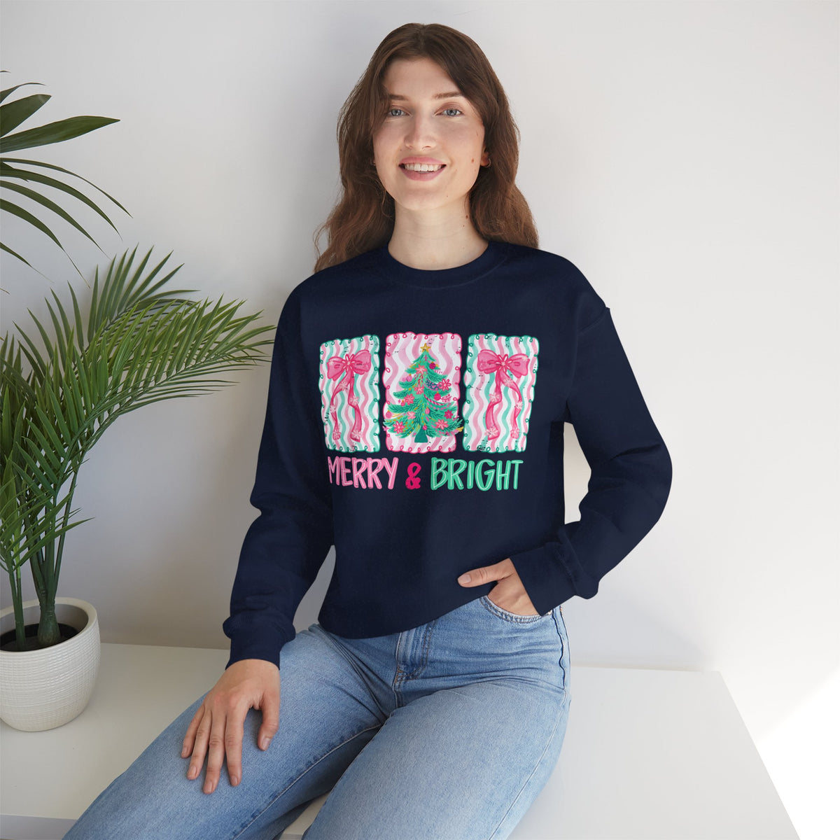 Merry & Bright Christmas - Pink & Green Holiday Tree Design – Gildan Heavy Blend | Trendy Women’s Soft Sweatshirt. Direct to Garment. Printed & Shipped in the USA. Unisex Sizes.