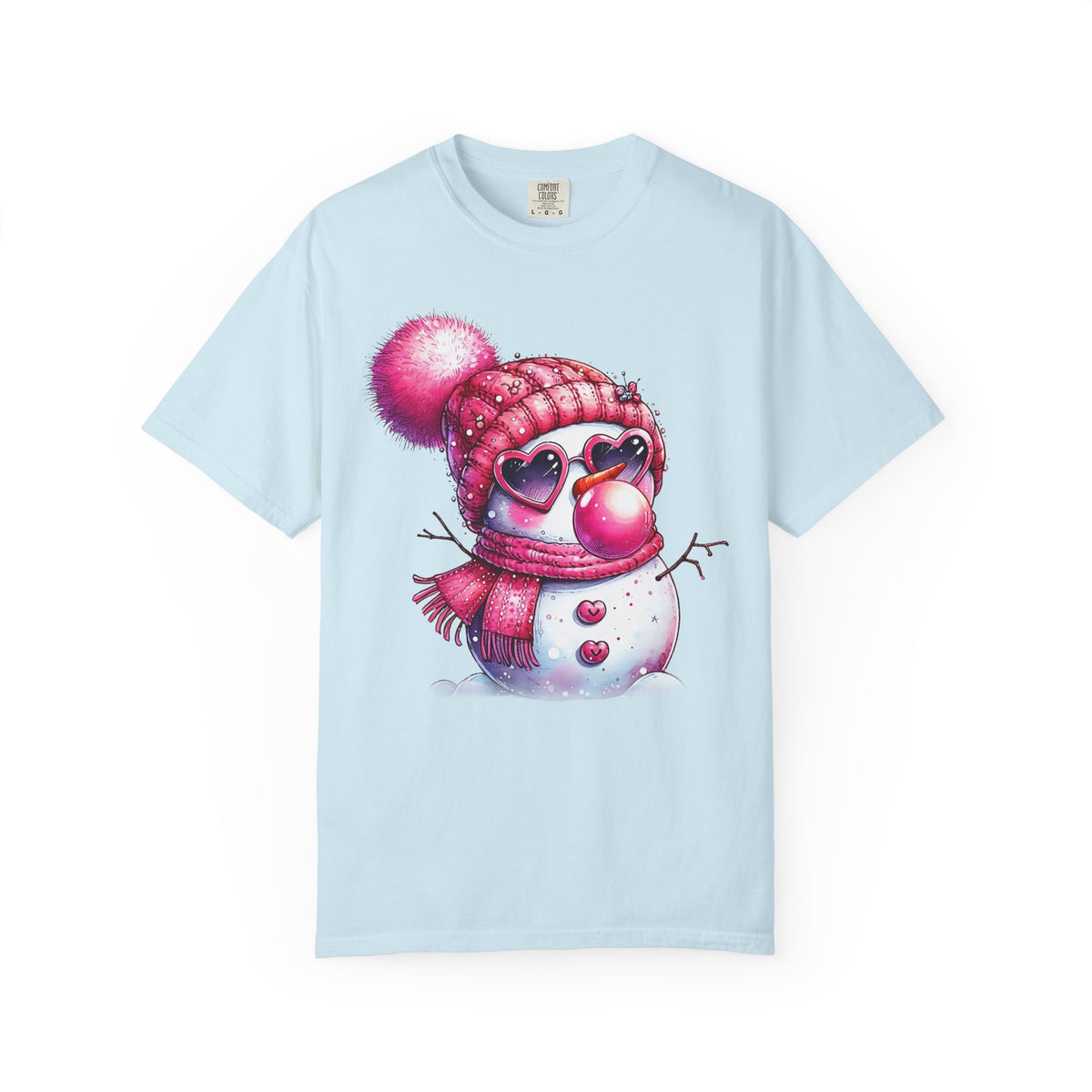 Pink Girly Snowman with Heart Sunglasses and Bubblegum Winter - Comfort Colors | Trendy Women's T-Shirt. Direct to Garment. Printed & Shipped in the USA. Unisex Sizes.