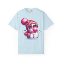 Pink Girly Snowman with Heart Sunglasses and Bubblegum Winter - Comfort Colors | Trendy Women's T-Shirt. Direct to Garment. Printed & Shipped in the USA. Unisex Sizes.