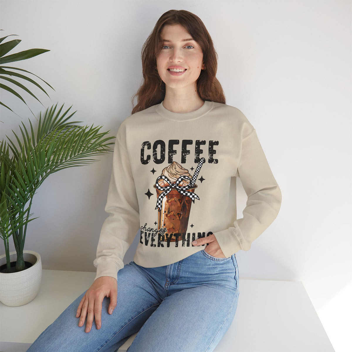 Coffee Changes Everything, Iced Coffee, Coffee Lovers – Gildan Heavy Blend | Trendy Women’s Soft Sweatshirt. Direct to Garment. Printed & Shipped in the USA. Unisex Sizes.