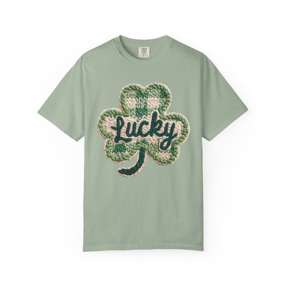 Lucky Shamrock Faux Knit - Comfort Colors | Trendy Men's and Women's T-Shirt. Direct to Garment. Printed & Shipped in the USA. Unisex Sizes.