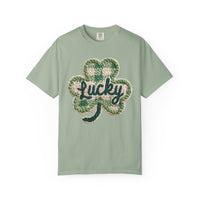 Lucky Shamrock Faux Knit - Comfort Colors | Trendy Men's and Women's T-Shirt. Direct to Garment. Printed & Shipped in the USA. Unisex Sizes.