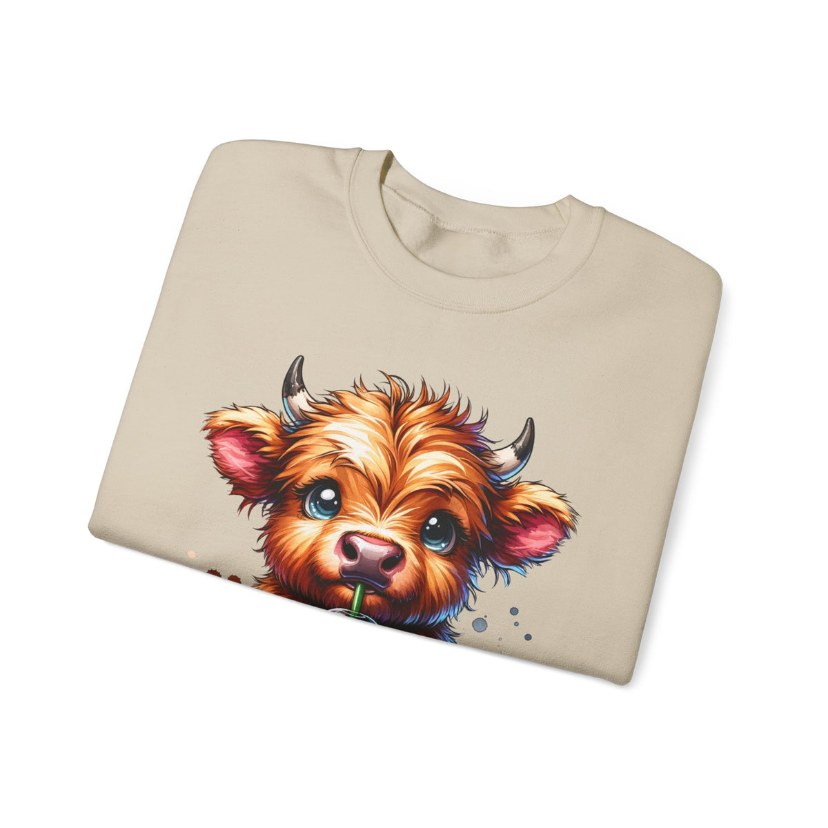 Coffee Addict Highland Cow Drinking Iced Coffee – Gildan Heavy Blend | Trendy Women’s Soft Sweatshirt. Direct to Garment. Printed & Shipped in the USA. Unisex Sizes.