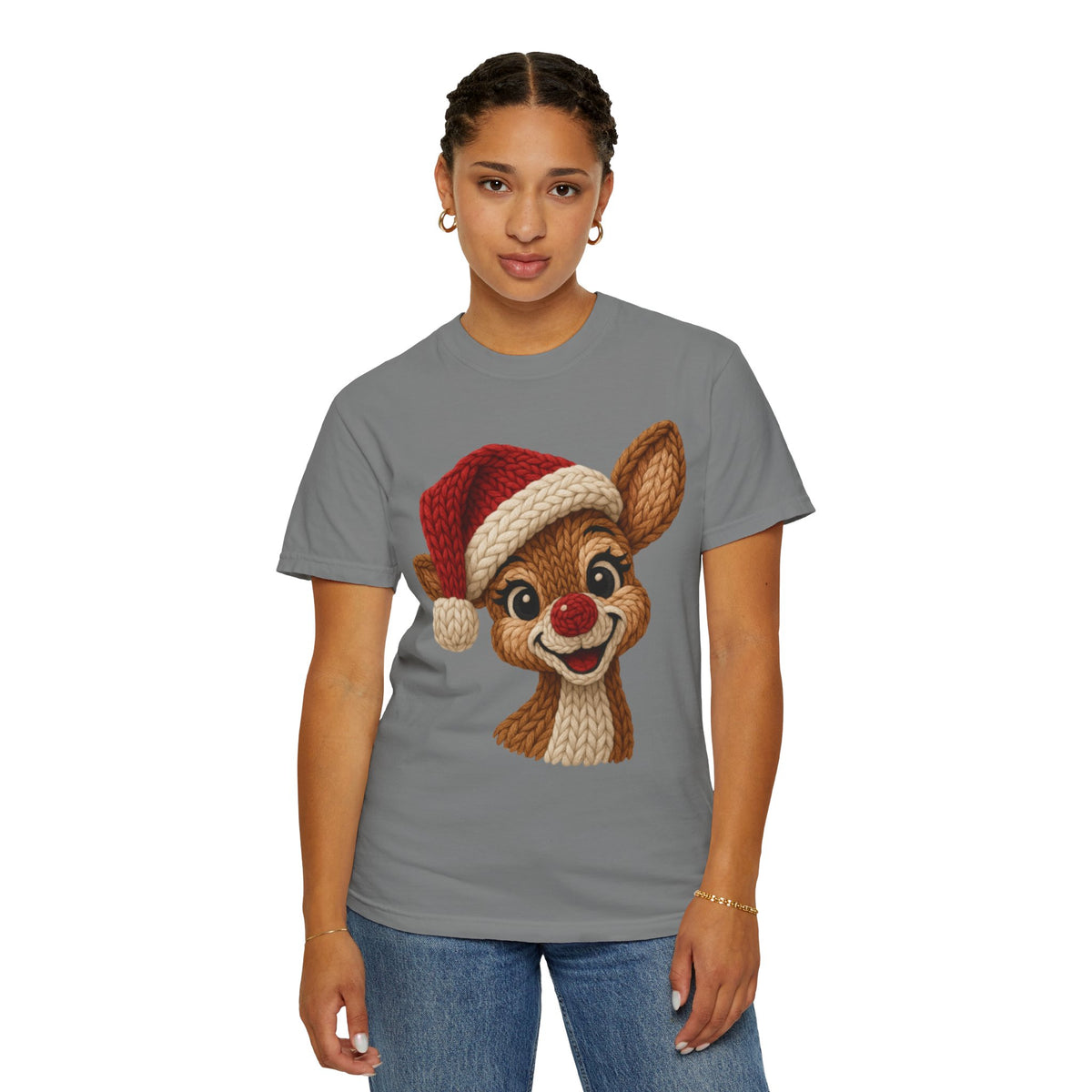 Cute Rudolph Faux Knit Look Reindeer w/Santa Hat - Comfort Colors | Trendy Women's T-Shirt. Direct to Garment. Printed & Shipped in the USA. Unisex Sizes.