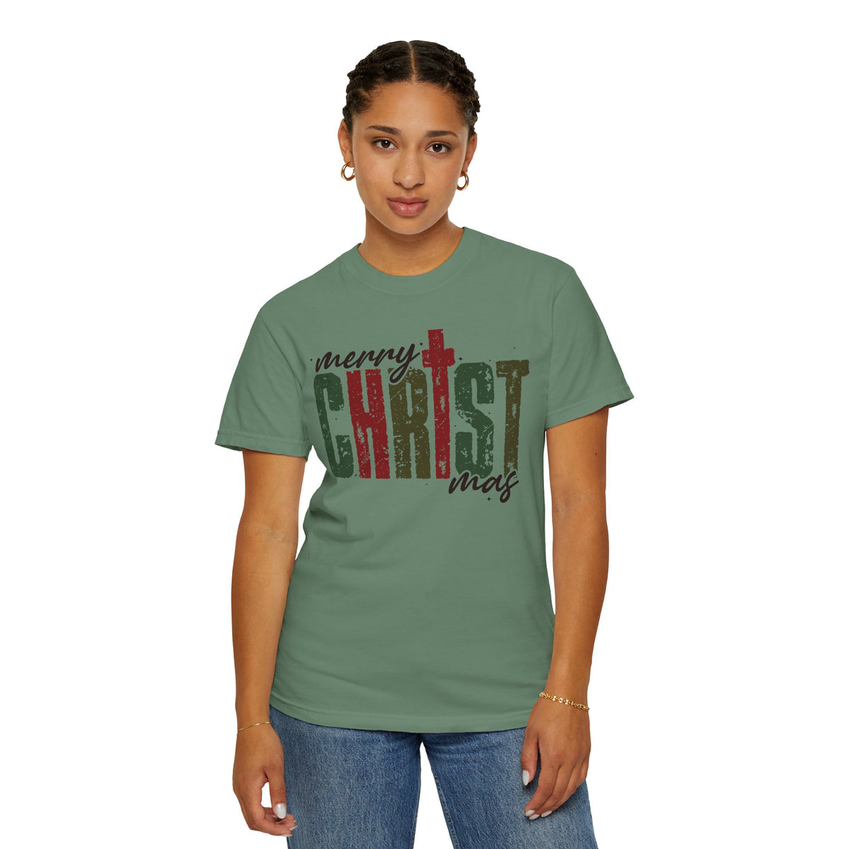 Distressed Merry ChrisTmas Faith - Comfort Colors | Trendy Men's and Women's T-Shirt. Direct to Garment. Printed & Shipped in the USA. Unisex Sizes.