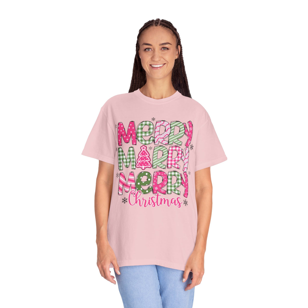 Merry Merry Merry Christmas, Festive Candy Cane & Pink and Green Plaid - Comfort Colors | Trendy Women's T-Shirt. Direct to Garment. Printed & Shipped in the USA. Unisex Sizes.