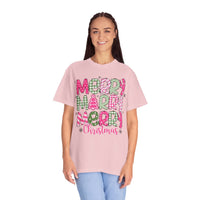 Merry Merry Merry Christmas, Festive Candy Cane & Pink and Green Plaid - Comfort Colors | Trendy Women's T-Shirt. Direct to Garment. Printed & Shipped in the USA. Unisex Sizes.