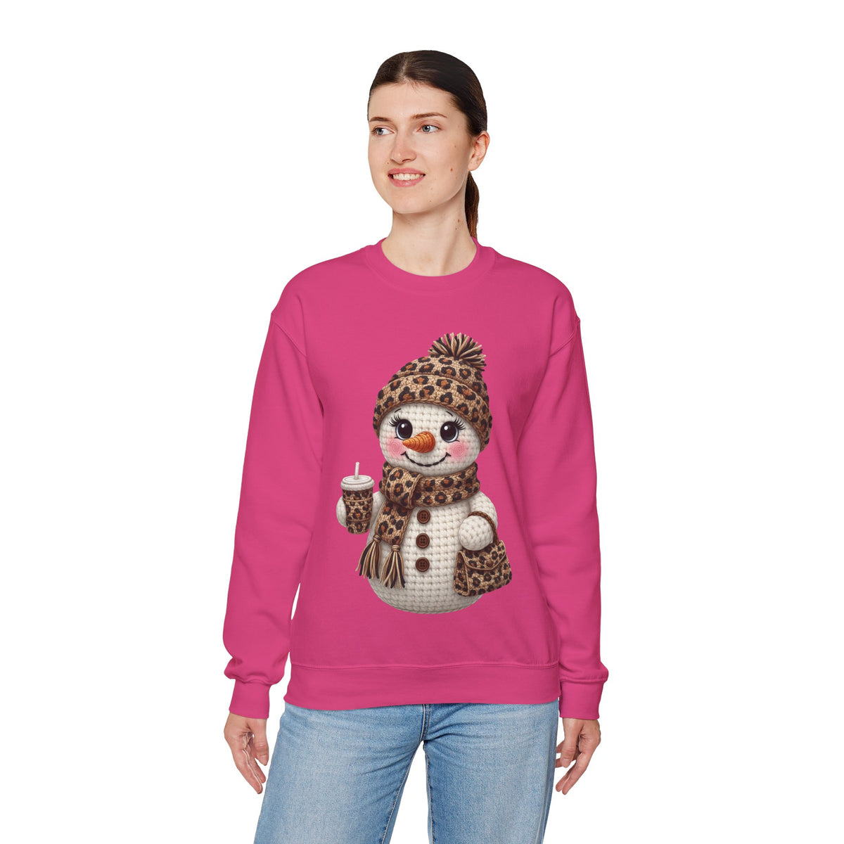 Leopard Snowman - Leopard Purse, Drink, Hat & Scarf – Gildan Heavy Blend | Trendy Women’s Soft Sweatshirt. Direct to Garment. Printed & Shipped in the USA. Unisex Sizes.