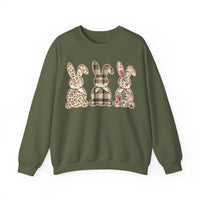 Easter Bunny Trio, Leopard, Plaid & Floral - Faux Pearl Outline – Gildan Heavy Blend | Trendy Women’s Soft Sweatshirt. Direct to Garment. Printed & Shipped in the USA. Unisex Sizes.