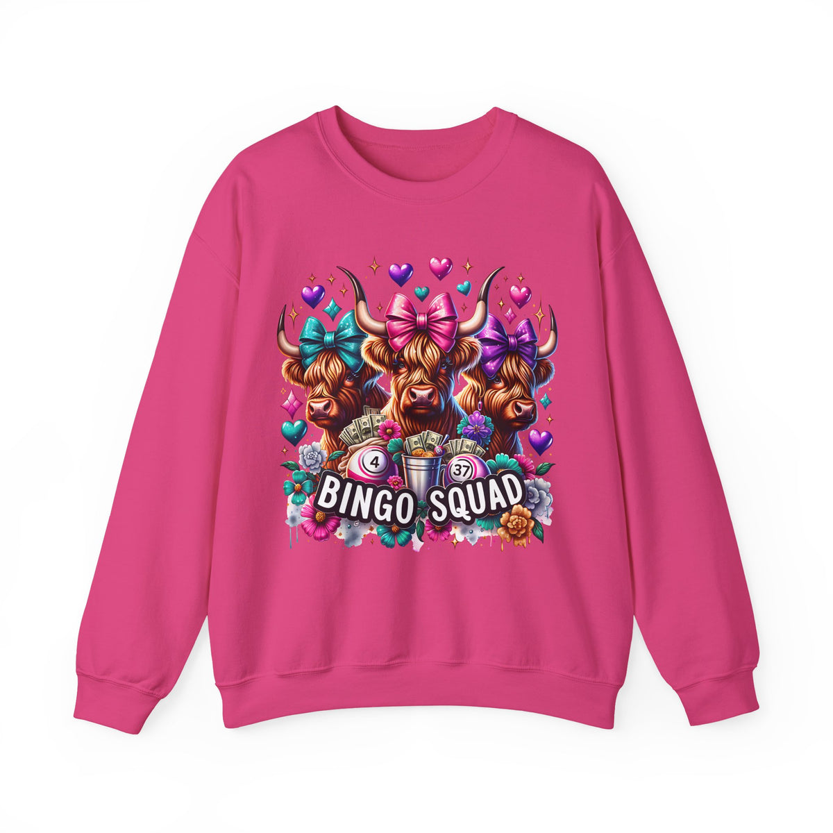 Cute Highland Cows Bingo Squad – Gildan Heavy Blend | Trendy Women’s Soft Sweatshirt. Direct to Garment. Printed & Shipped in the USA. Unisex Sizes.