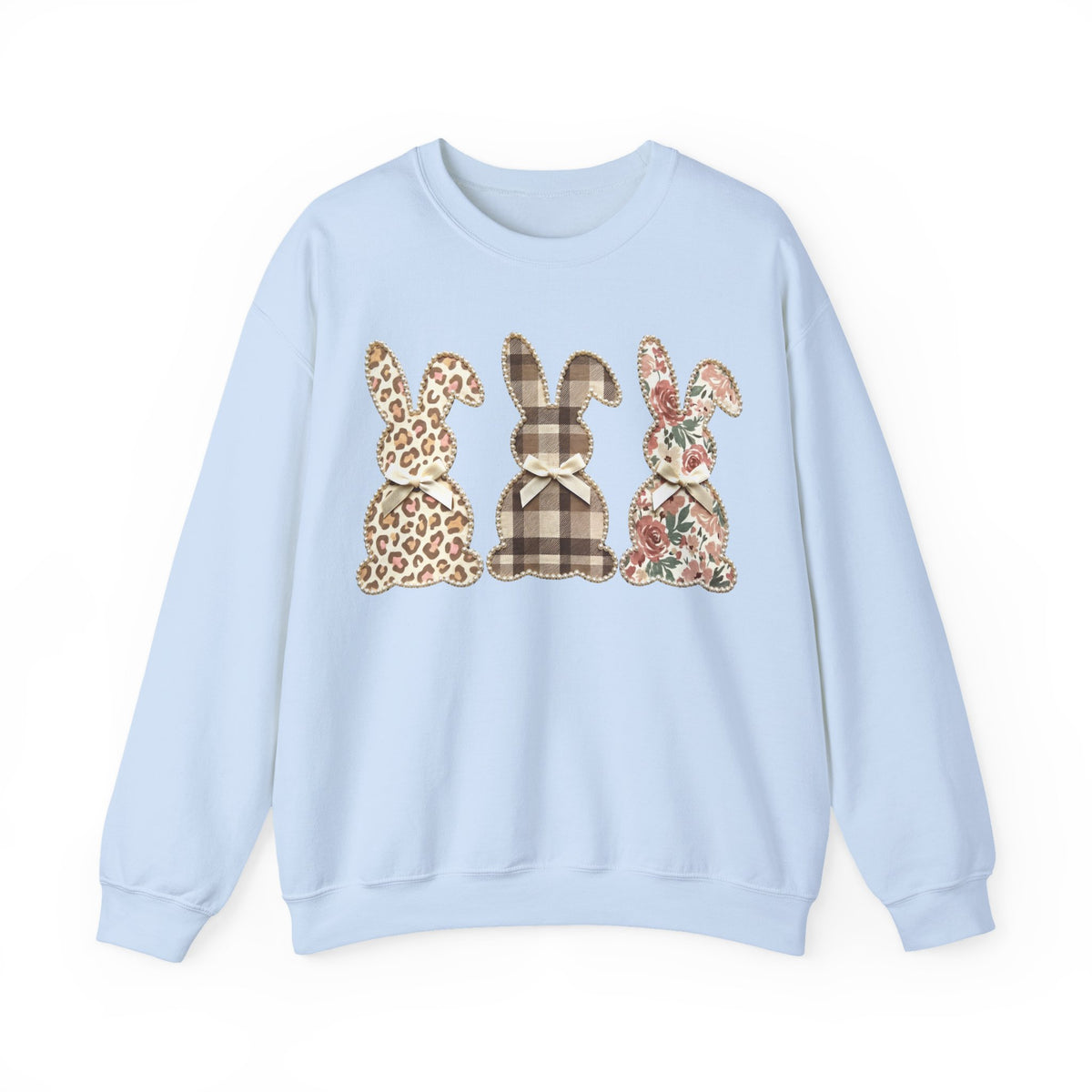 Easter Bunny Trio, Leopard, Plaid & Floral - Faux Pearl Outline – Gildan Heavy Blend | Trendy Women’s Soft Sweatshirt. Direct to Garment. Printed & Shipped in the USA. Unisex Sizes.