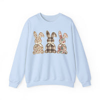 Easter Bunny Trio, Leopard, Plaid & Floral - Faux Pearl Outline – Gildan Heavy Blend | Trendy Women’s Soft Sweatshirt. Direct to Garment. Printed & Shipped in the USA. Unisex Sizes.
