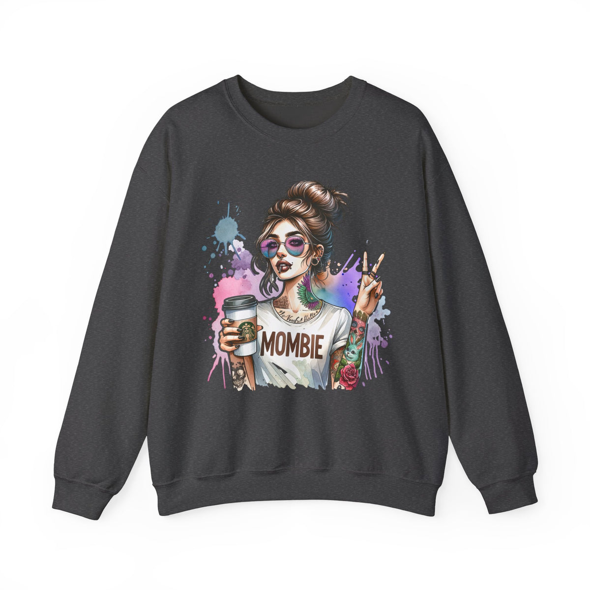 Cool Mombie with Coffee Peace Tattoo - Tired Mom – Gildan Heavy Blend | Trendy Women’s Soft Sweatshirt. Direct to Garment. Printed & Shipped in the USA. Unisex Sizes.