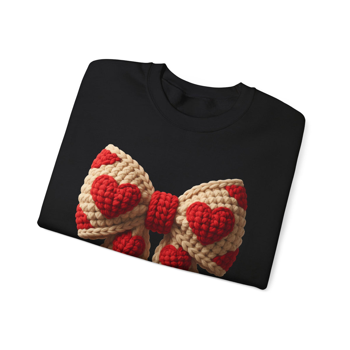 Faux Crochet Valentine Bow – Gildan Heavy Blend | Trendy Women’s Soft Sweatshirt. Direct to Garment. Printed & Shipped in the USA. Unisex Sizes.