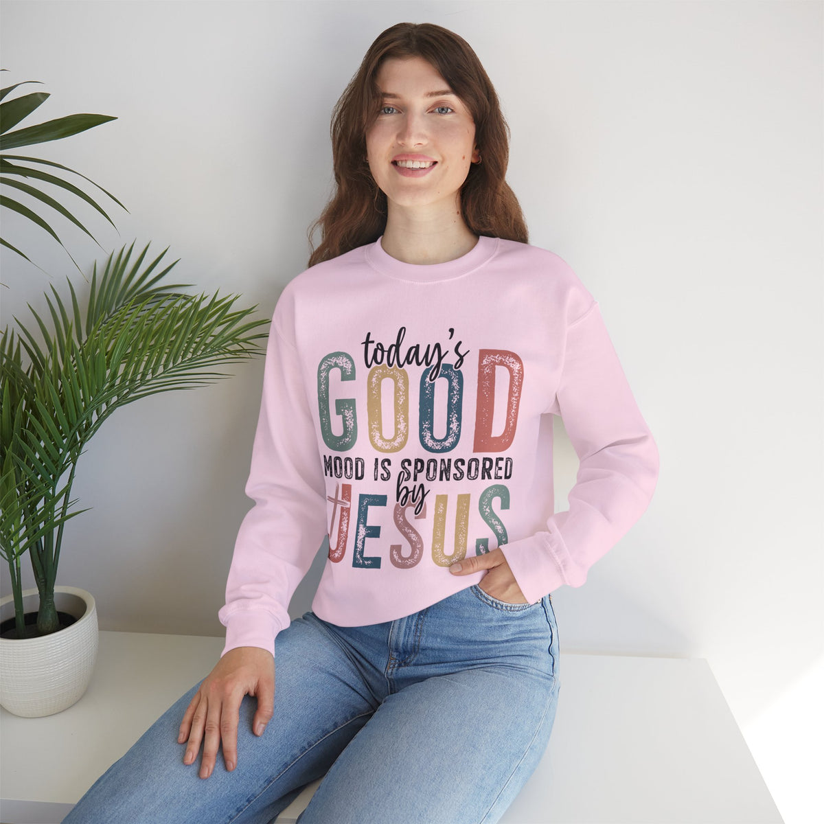 Today's Good Mood Sponsored By Jesus, Christian, Faith – Gildan Heavy Blend | Trendy Women’s Soft Sweatshirt. Direct to Garment. Printed & Shipped in the USA. Unisex Sizes.