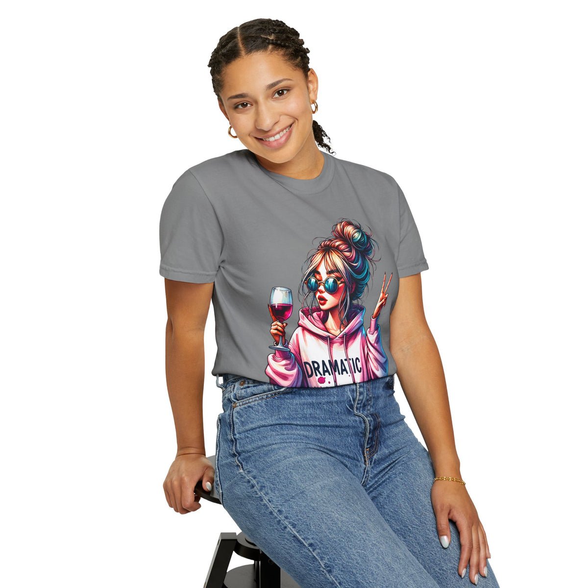 Dramatic Girl With Wine Messy Bun Peace Sign  - Comfort Colors | Trendy Women's T-Shirt. Direct to Garment. Printed & Shipped in the USA. Unisex Sizes.