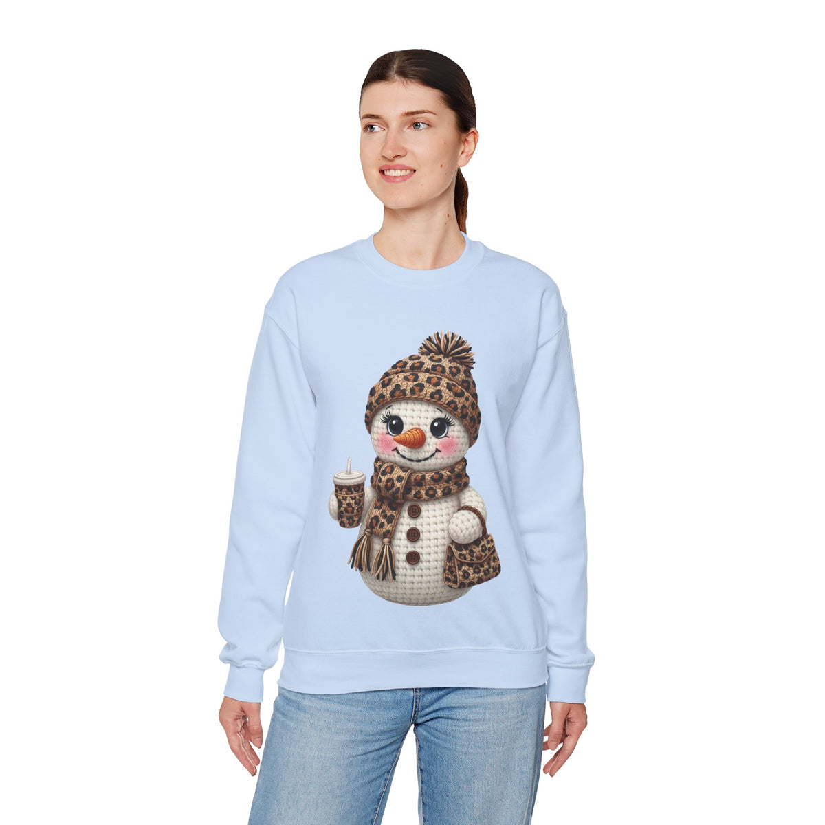Leopard Snowman - Leopard Purse, Drink, Hat & Scarf – Gildan Heavy Blend | Trendy Women’s Soft Sweatshirt. Direct to Garment. Printed & Shipped in the USA. Unisex Sizes.
