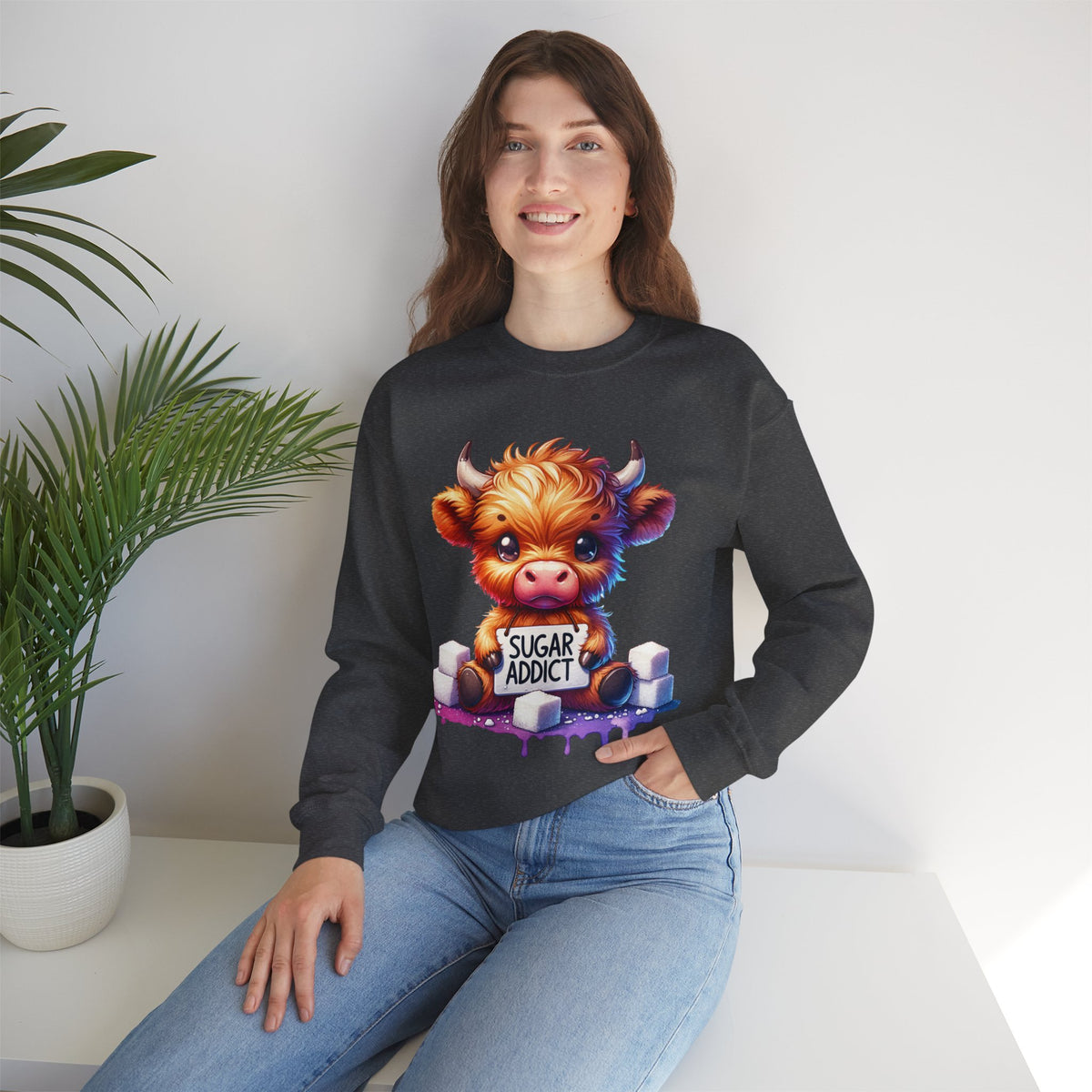 Sugar Addict Highland Cow – Gildan Heavy Blend | Trendy Women’s Soft Sweatshirt. Direct to Garment. Printed & Shipped in the USA. Unisex Sizes.