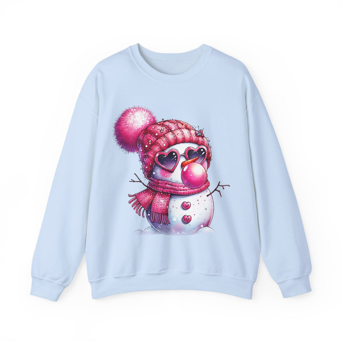 Pink Girly Snowman with Heart Sunglasses and Bubblegum - Winter – Gildan Heavy Blend | Trendy Women’s Soft Sweatshirt. Direct to Garment. Printed & Shipped in the USA. Unisex Sizes.