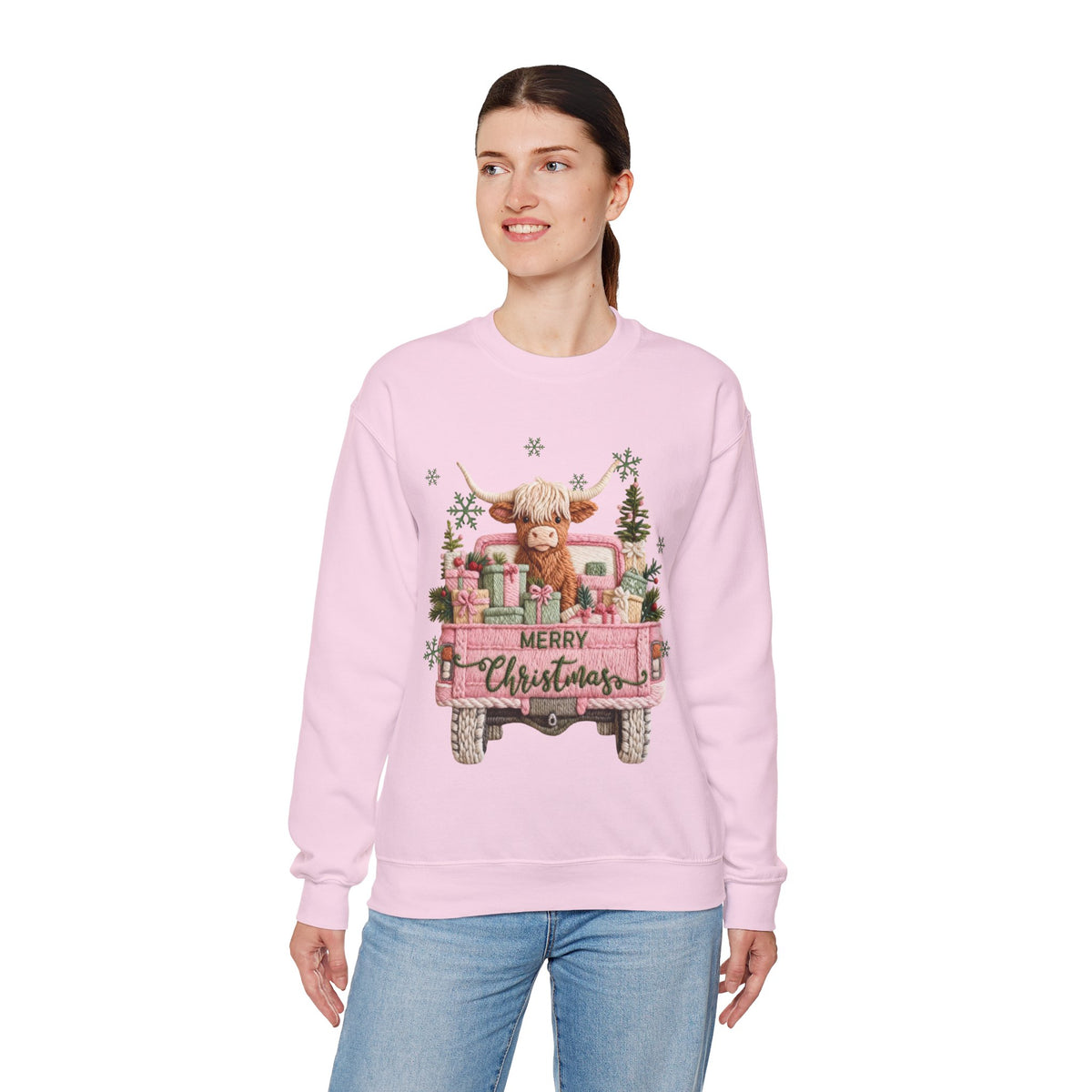 Highland Cow in Pink Truck Merry Christmas Holiday Farmhouse – Gildan Heavy Blend | Trendy Women’s Soft Sweatshirt. Direct to Garment. Printed & Shipped in the USA. Unisex Sizes.