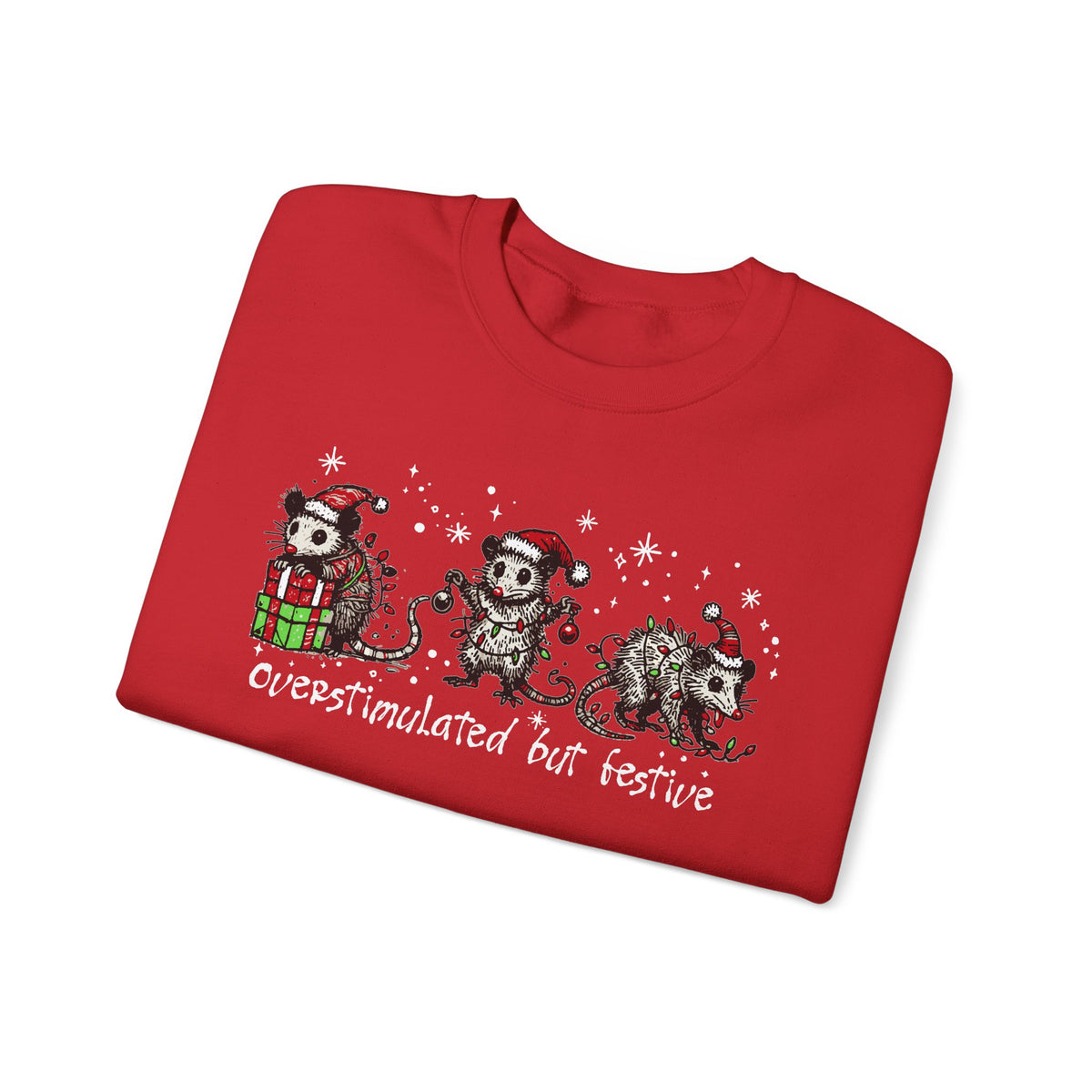Overstimulated But Festive Christmas Possums – Gildan Heavy Blend | Trendy Women’s and Men's Soft Sweatshirt. Direct to Garment. Printed & Shipped in the USA. Unisex Sizes.