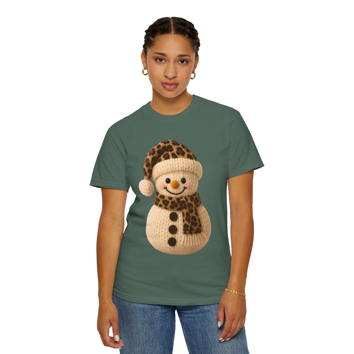 Cute Leopard Faux Knit Snowman Winter - Comfort Colors | Trendy Women's T-Shirt. Direct to Garment. Printed & Shipped in the USA. Unisex Sizes.