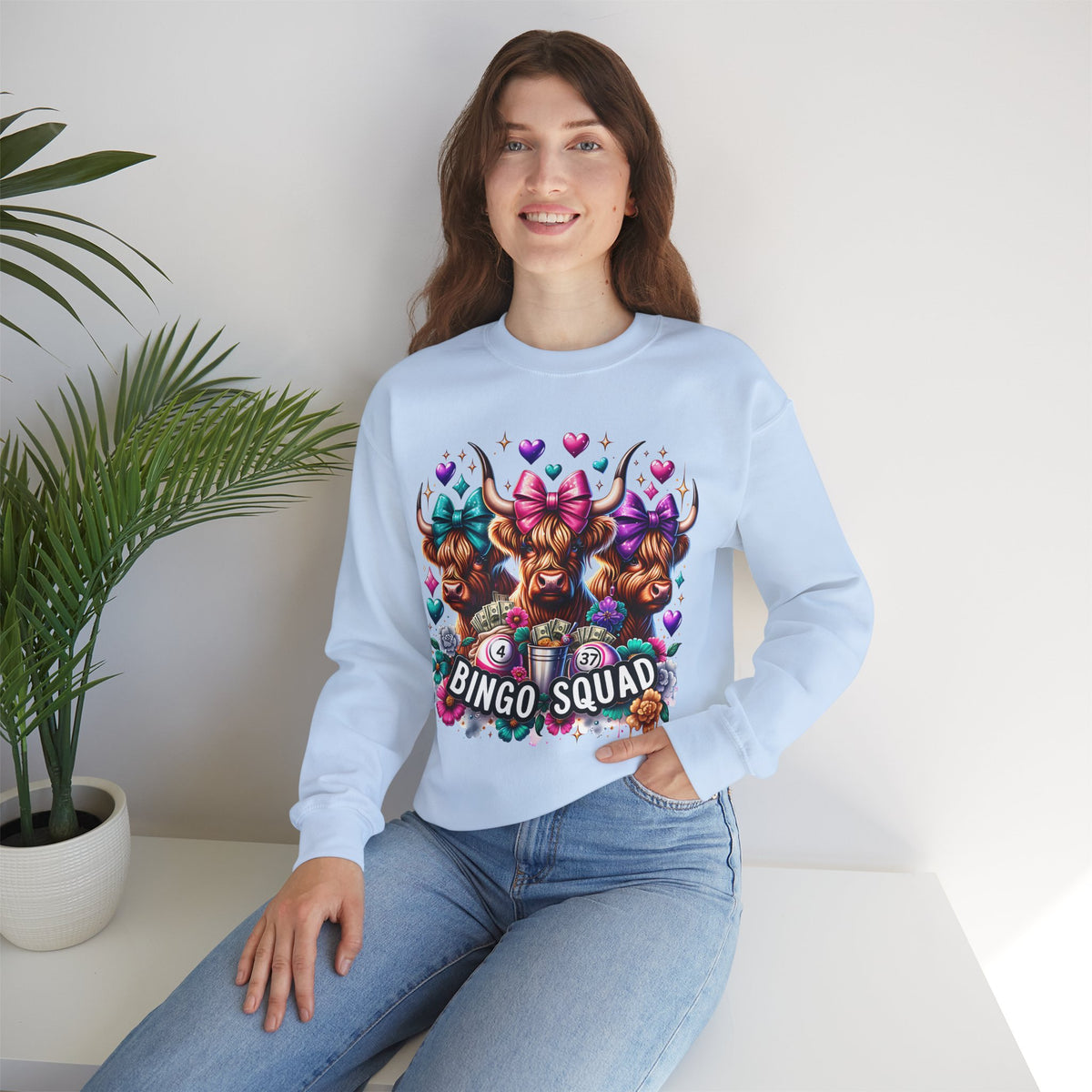 Cute Highland Cows Bingo Squad – Gildan Heavy Blend | Trendy Women’s Soft Sweatshirt. Direct to Garment. Printed & Shipped in the USA. Unisex Sizes.