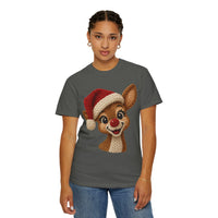 Cute Rudolph Faux Knit Look Reindeer w/Santa Hat - Comfort Colors | Trendy Women's T-Shirt. Direct to Garment. Printed & Shipped in the USA. Unisex Sizes.
