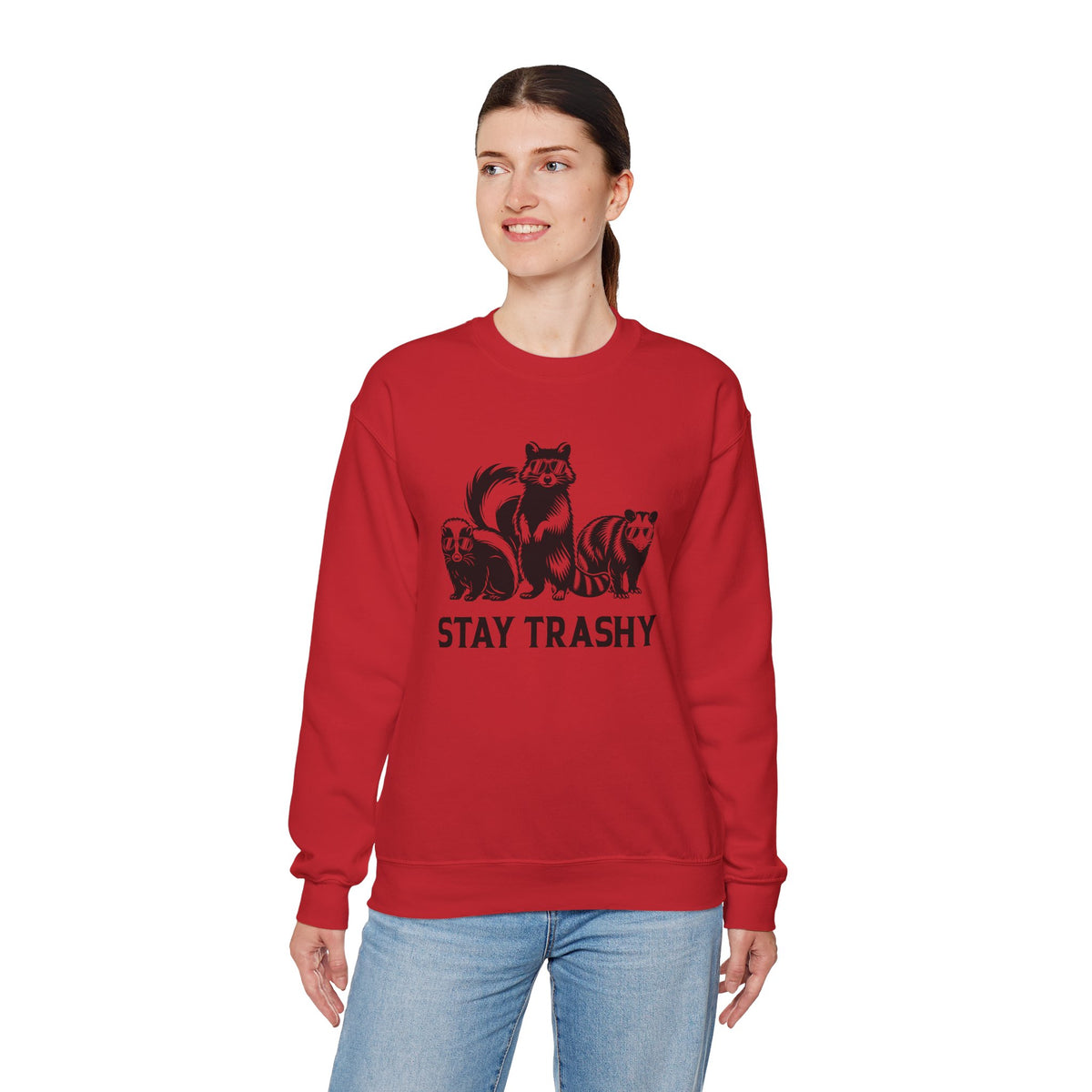 Stay Trashy, Skunk Raccoon Possum – Gildan Heavy Blend | Trendy Women’s and Men's Soft Sweatshirt. Direct to Garment. Printed & Shipped in the USA. Unisex Sizes.