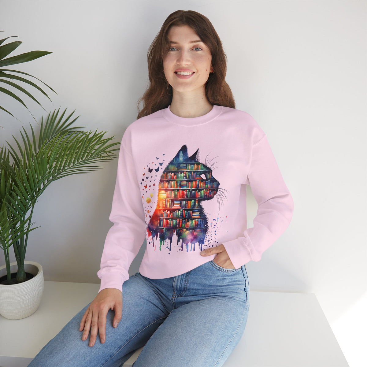 Cat Silhouette for Book Lovers – Gildan Heavy Blend | Trendy Women’s Soft Sweatshirt. Direct to Garment. Printed & Shipped in the USA. Unisex Sizes.