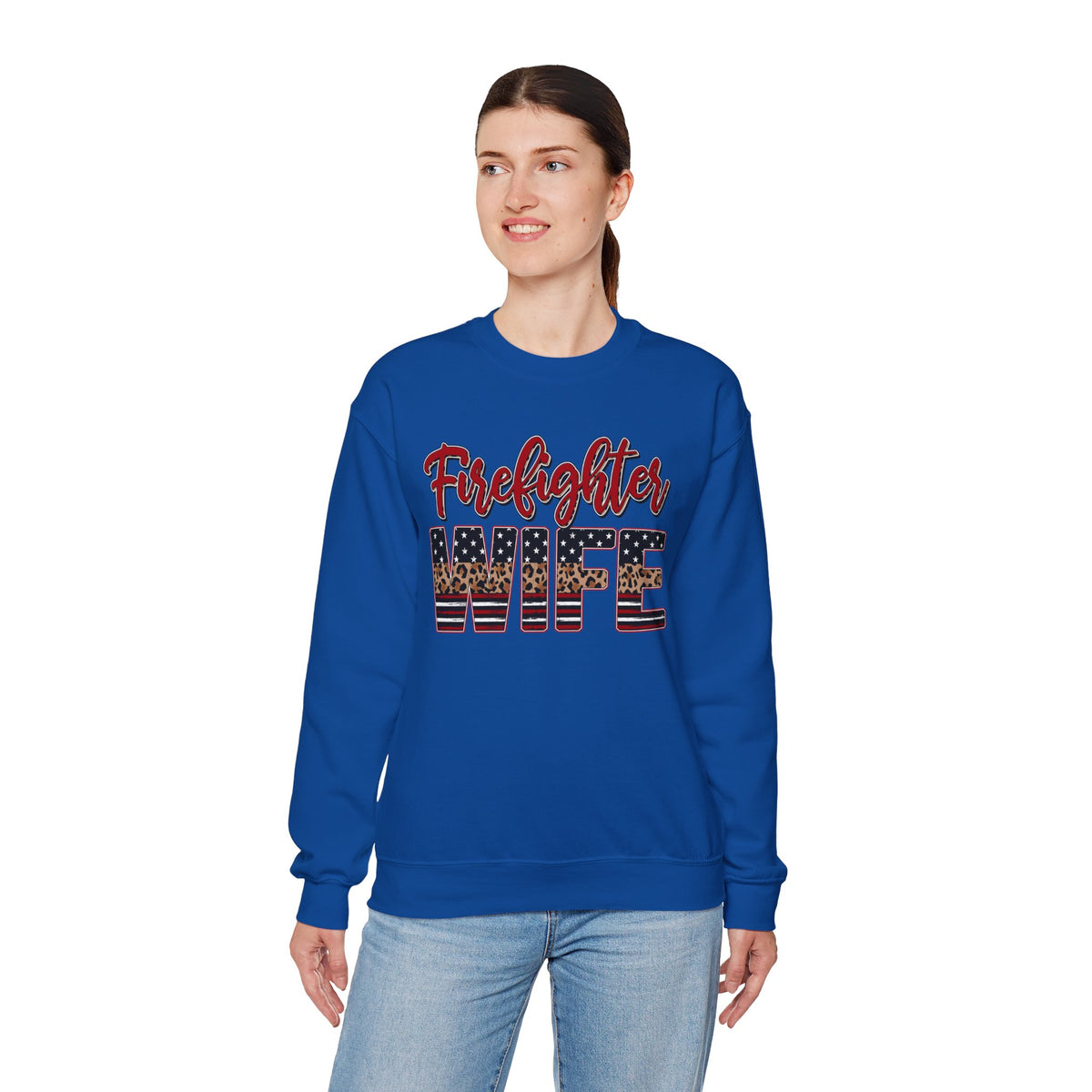 Firefighter Wife Patriotic Flag Lettering for Firefighter Spouse – Gildan Heavy Blend | Trendy Women’s Soft Sweatshirt. Direct to Garment. Printed & Shipped in the USA. Unisex Sizes.