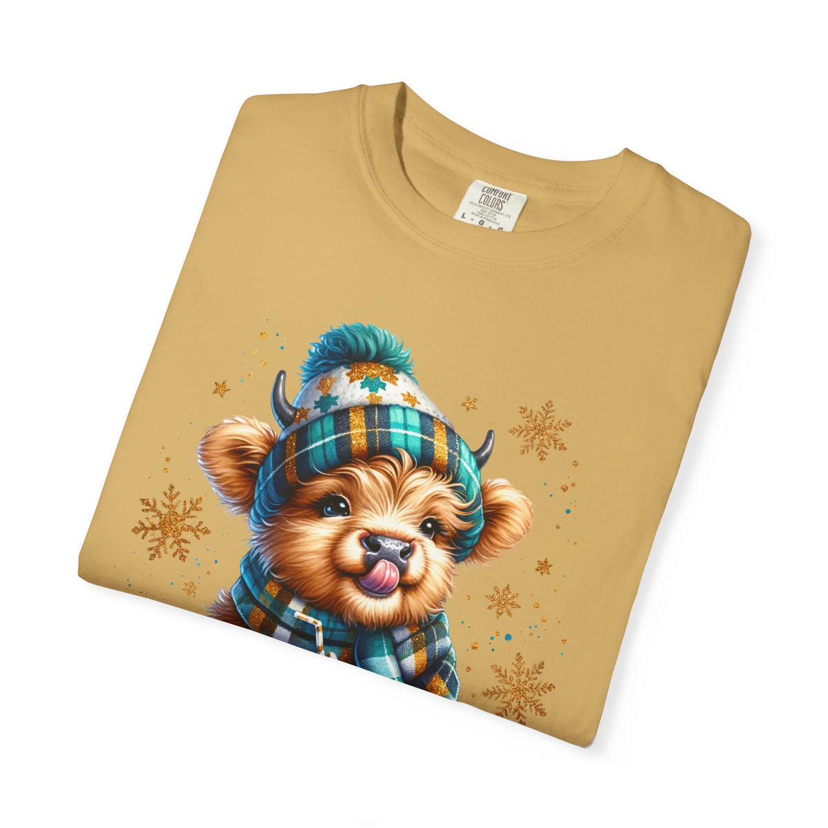 Winter Baby Highland Cow with Cocoa  - Comfort Colors | Trendy Women's T-Shirt. Direct to Garment. Printed & Shipped in the USA. Unisex Sizes.