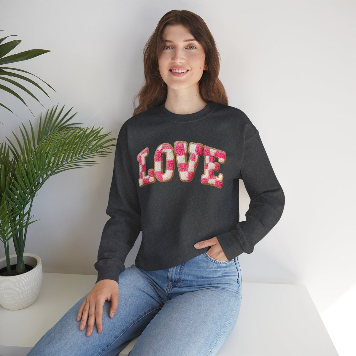 Faux Crochet Checkered LOVE – Gildan Heavy Blend | Trendy Women’s Soft Sweatshirt. Direct to Garment. Printed & Shipped in the USA. Unisex Sizes.