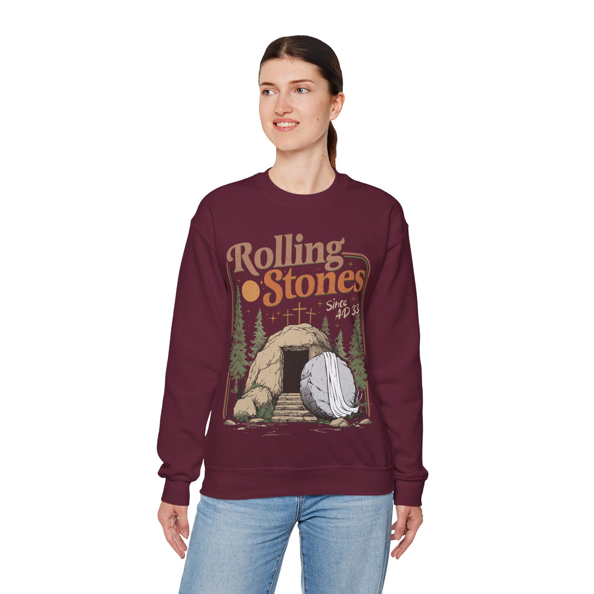 Rolling Stones "Since AD33" Easter Empty Tomb Christian – Gildan Heavy Blend | Trendy Men's and Women’s Soft Sweatshirt. Direct to Garment. Printed & Shipped in the USA. Unisex Sizes.