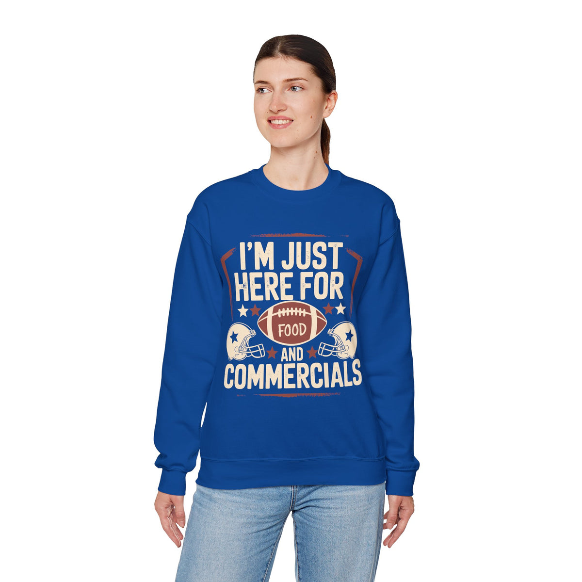 I'm Just Here for Food and Commercials – Gildan Heavy Blend | Trendy Women’s and Men's Soft Sweatshirt. Direct to Garment. Printed & Shipped in the USA. Unisex Sizes.