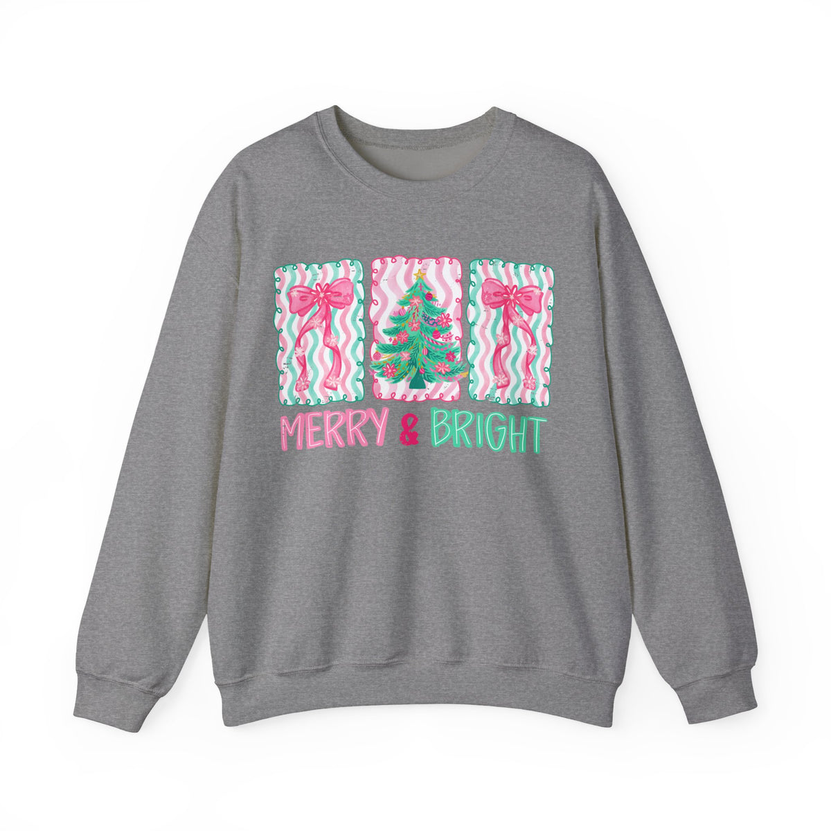 Merry & Bright Christmas - Pink & Green Holiday Tree Design – Gildan Heavy Blend | Trendy Women’s Soft Sweatshirt. Direct to Garment. Printed & Shipped in the USA. Unisex Sizes.