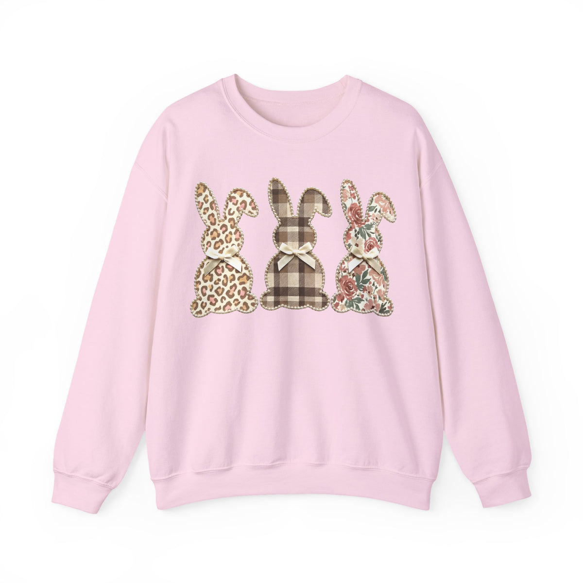 Easter Bunny Trio, Leopard, Plaid & Floral - Faux Pearl Outline – Gildan Heavy Blend | Trendy Women’s Soft Sweatshirt. Direct to Garment. Printed & Shipped in the USA. Unisex Sizes.