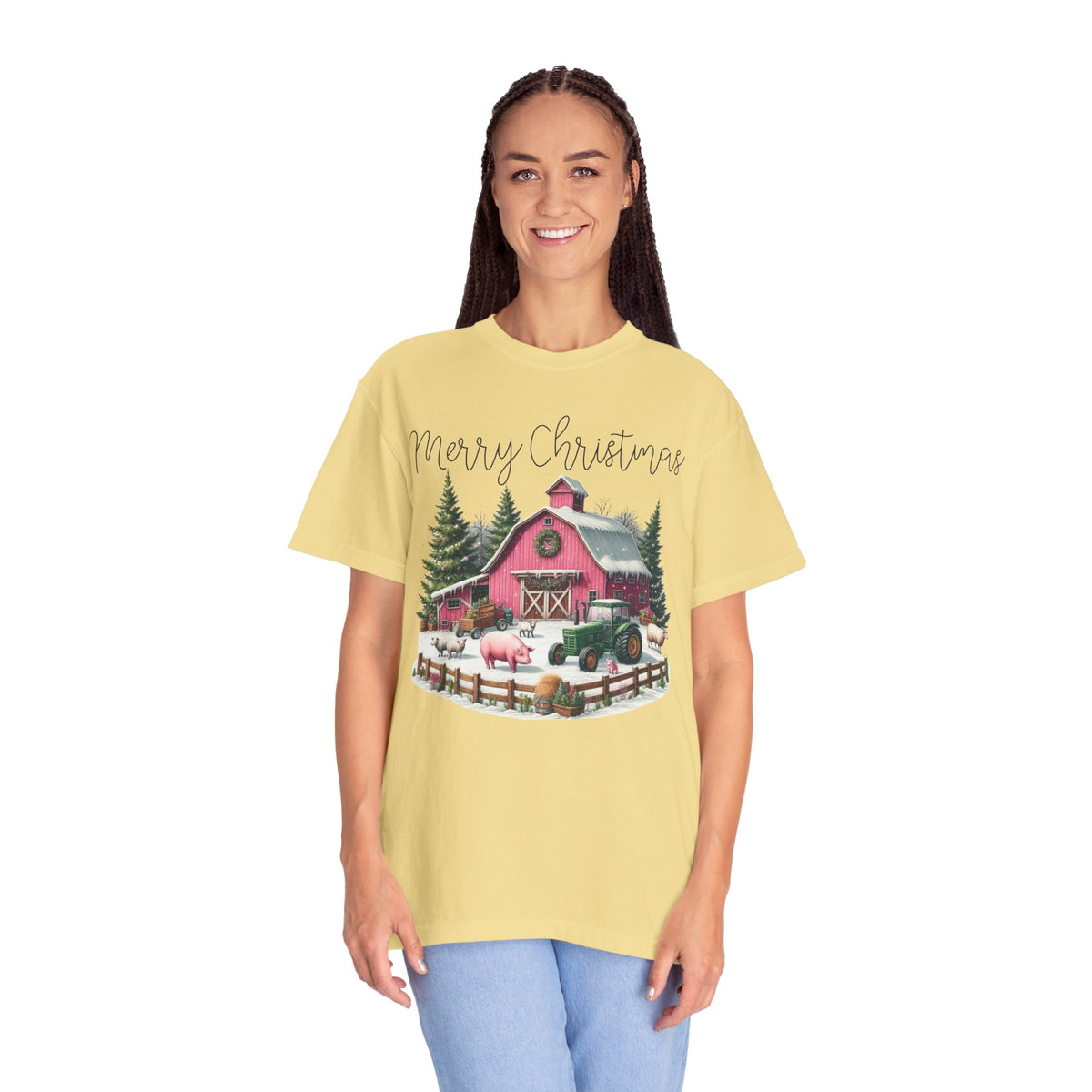 Merry Christmas Pink Barn Farm Animals - Comfort Colors | Trendy Women's T-Shirt. Direct to Garment. Printed & Shipped in the USA. Unisex Sizes.