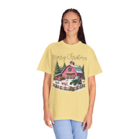 Merry Christmas Pink Barn Farm Animals - Comfort Colors | Trendy Women's T-Shirt. Direct to Garment. Printed & Shipped in the USA. Unisex Sizes.