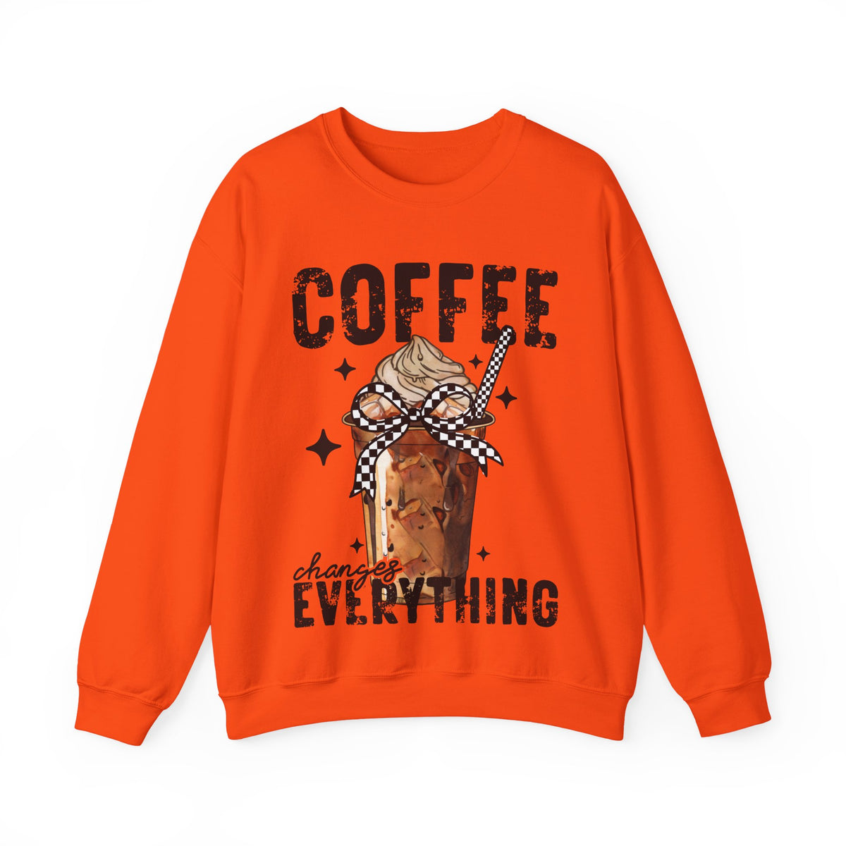 Coffee Changes Everything, Iced Coffee, Coffee Lovers – Gildan Heavy Blend | Trendy Women’s Soft Sweatshirt. Direct to Garment. Printed & Shipped in the USA. Unisex Sizes.