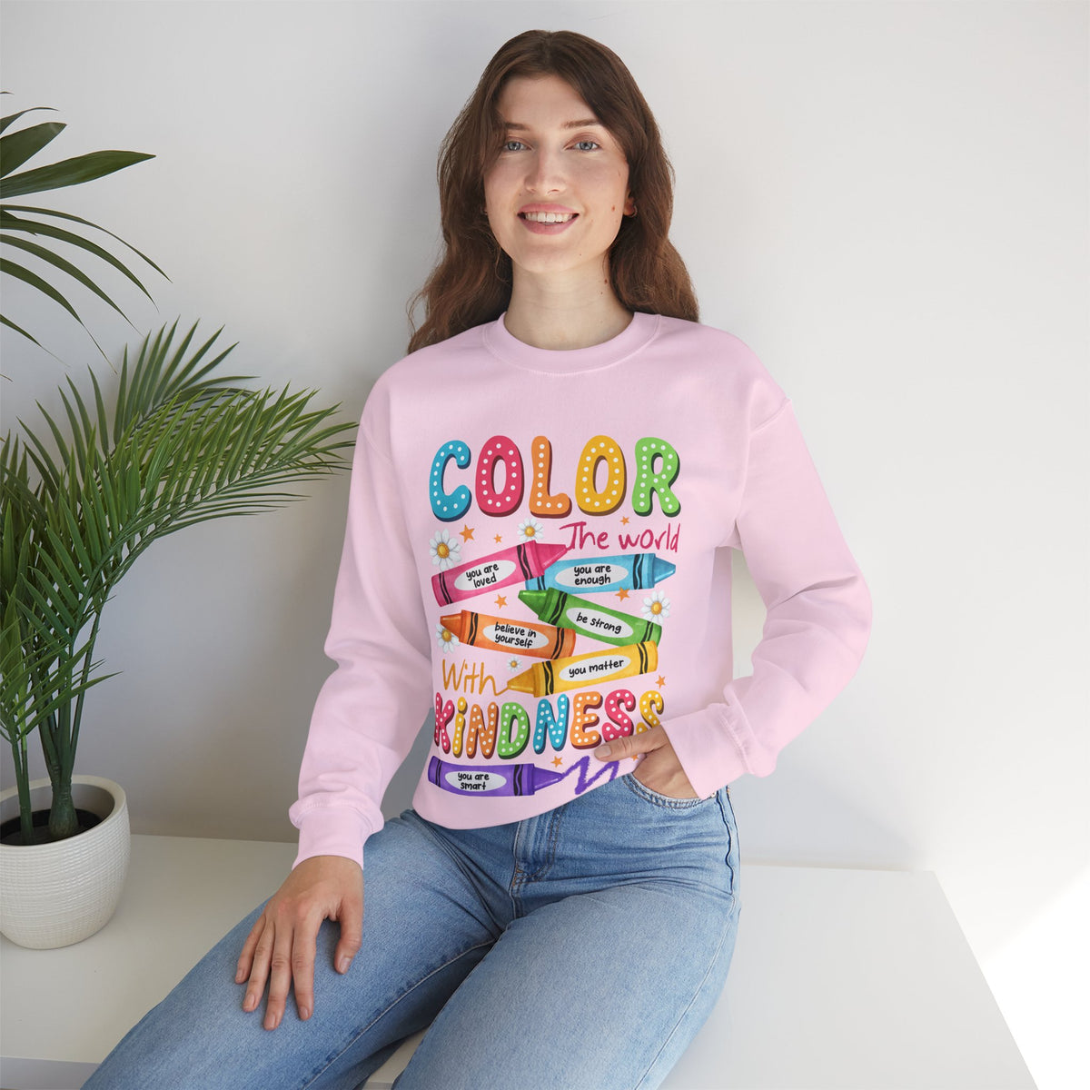 Color the World With Kindness Crayons, Great Teacher Gift – Gildan Heavy Blend | Trendy Women’s and Men's Soft Sweatshirt. Direct to Garment. Printed & Shipped in the USA. Unisex Sizes.