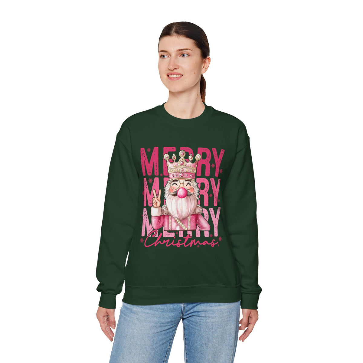 Merry Christmas - Cute Pink Bubblegum Nutcracker – Gildan Heavy Blend | Trendy Women’s Soft Sweatshirt. Direct to Garment. Printed & Shipped in the USA. Unisex Sizes.