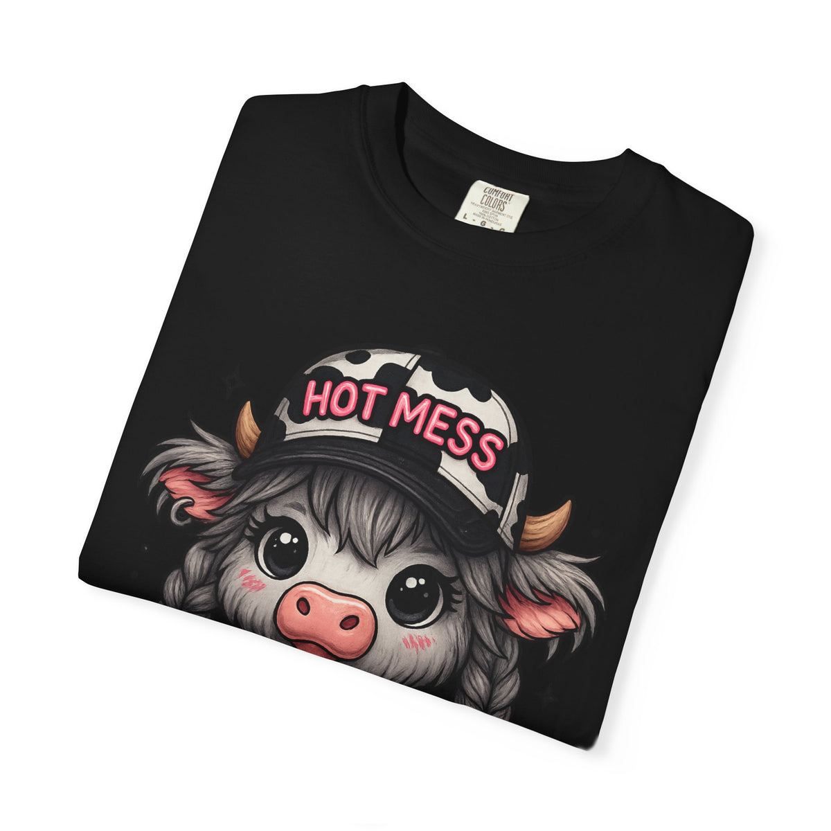 Cute Highland Cow 'Hot Mess' In Braids  - Comfort Colors | Trendy Women's T-Shirt. Direct to Garment. Printed & Shipped in the USA. Unisex Sizes.