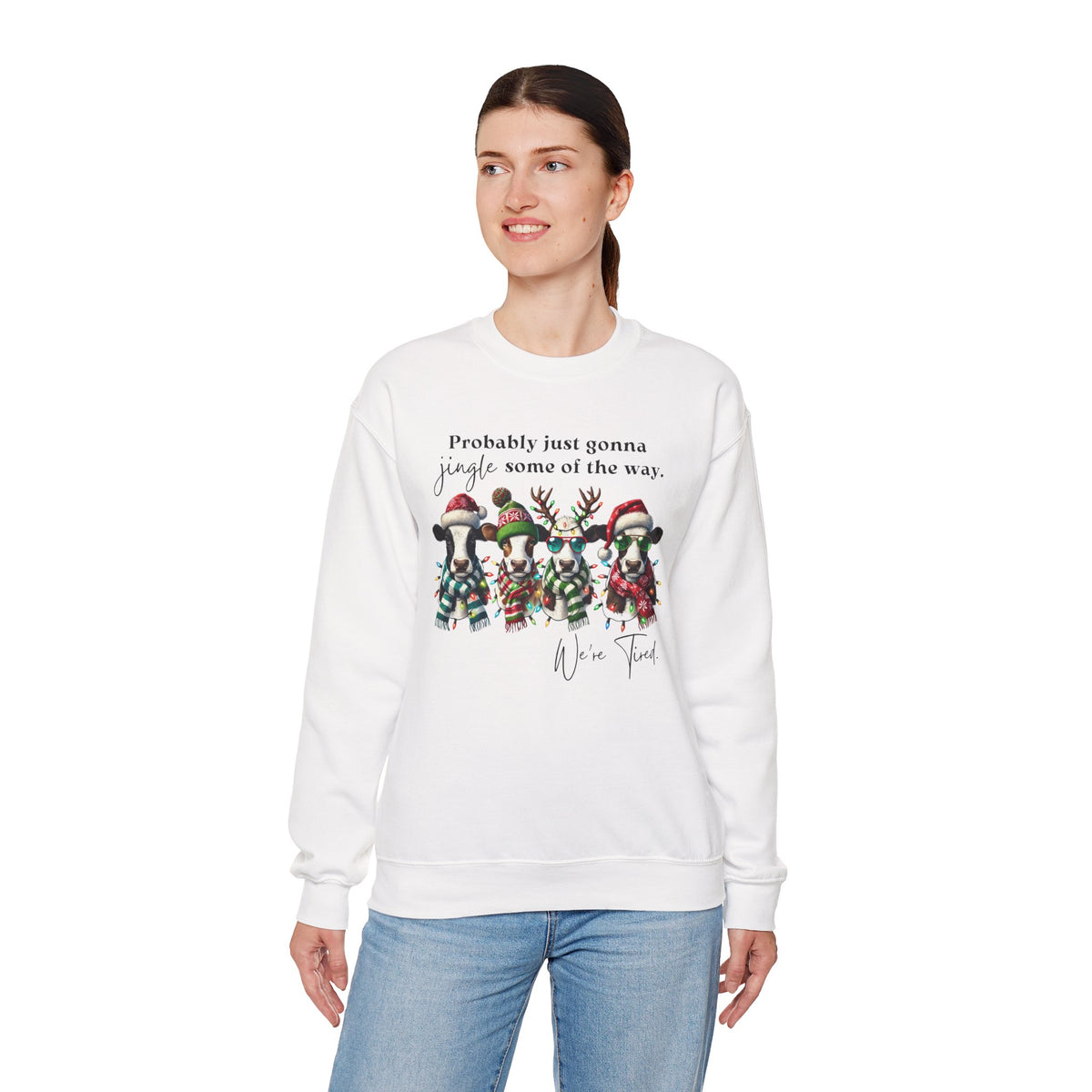 Christmas Cows - Probably Just Gonna Jingle Some Of The Way – Gildan Heavy Blend | Trendy Women’s and Men's Soft Sweatshirt. Direct to Garment. Printed & Shipped in the USA. Unisex Sizes.