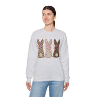 Easter Bunny Trio - Checkered, Floral & Leopard – Gildan Heavy Blend | Trendy Women’s Soft Sweatshirt. Direct to Garment. Printed & Shipped in the USA. Unisex Sizes.