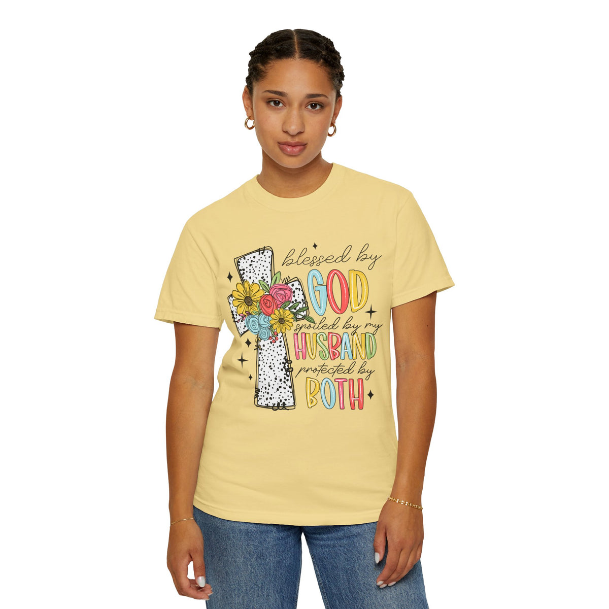 Blessed by God, Spoiled by Husband, Protect by Both - Comfort Colors | Trendy Women's T-Shirt. Direct to Garment. Printed & Shipped in the USA. Unisex Sizes.