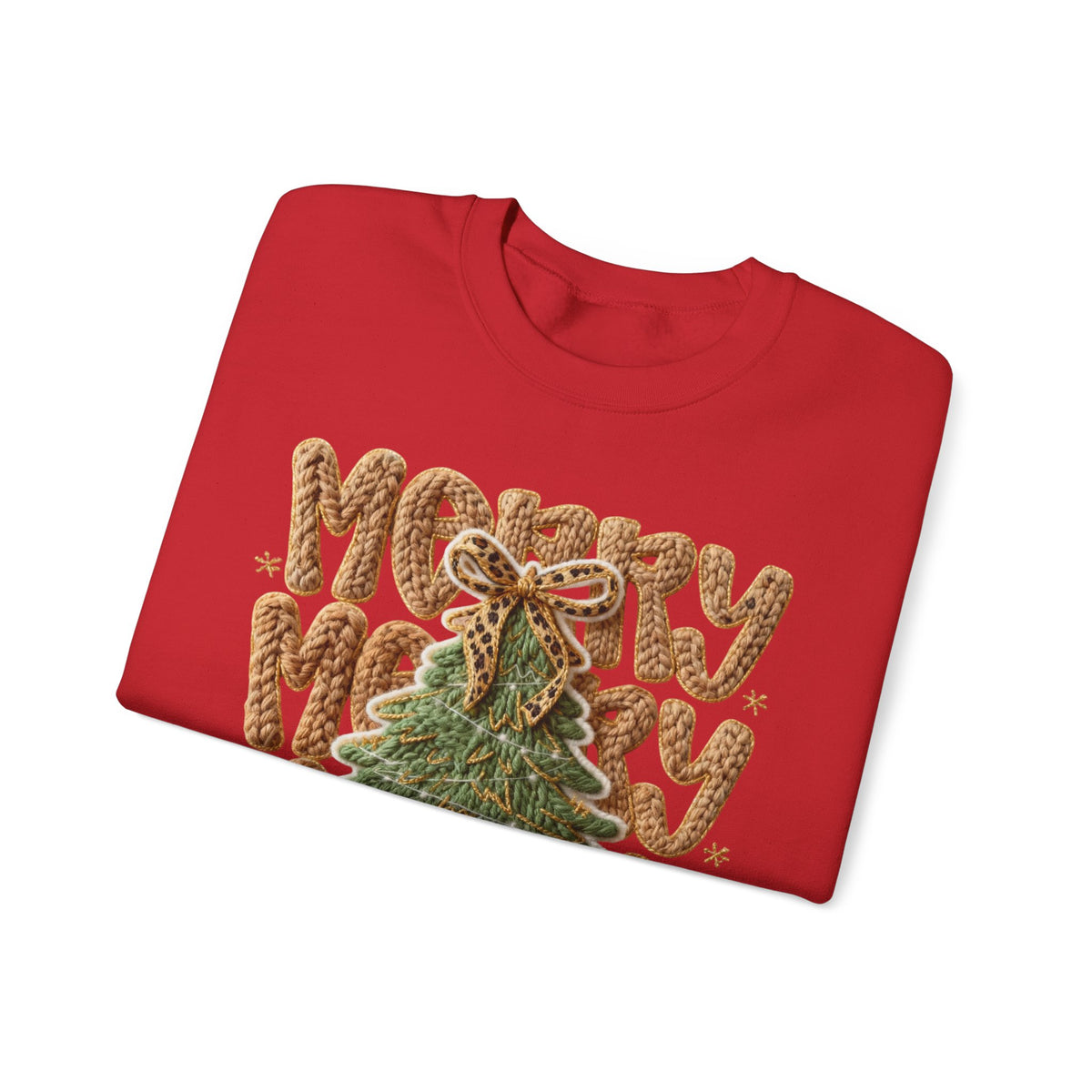 Merry Merry Merry Christmas, Faux Latch Hook Yarn – Gildan Heavy Blend | Trendy Women’s Soft Sweatshirt. Direct to Garment. Printed & Shipped in the USA. Unisex Sizes.